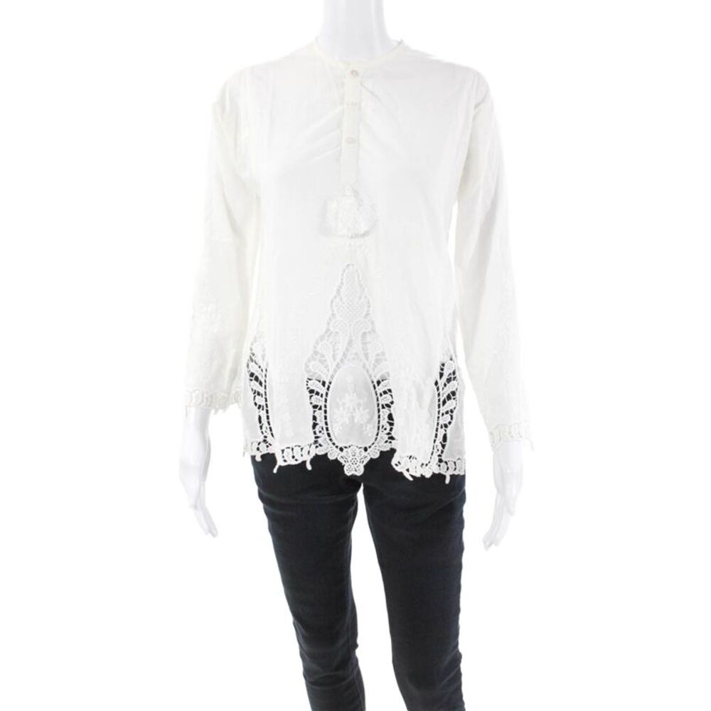 Bell Womens Cotton Long Sleeve Round Neck Button-Up Blouse Top White Size XS